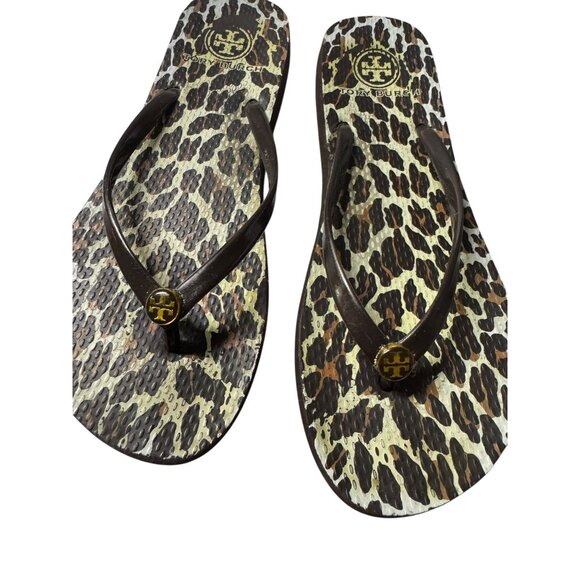 Tory Burch Women's Leopard Flip Flops Size 7 Brown - Picture 1 of 8